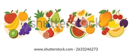 Set of assorted fruits including watermelon, pineapple, banana, berries, figs, melon, citrus, and apple. Flat cartoon vector illustration. Design for poster, banner, sticker, greeting card