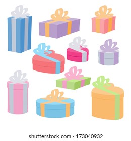 Set of assorted gift boxes with ribbons and bows. Holiday presents. Good for Valentine's day, Christmas, Birthday and other design.