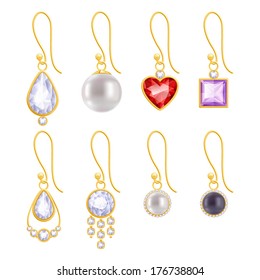 Set of assorted golden earrings with gemstones and pearls.