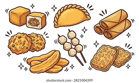 Set of assorted golden fried street food snacks in pixel art style