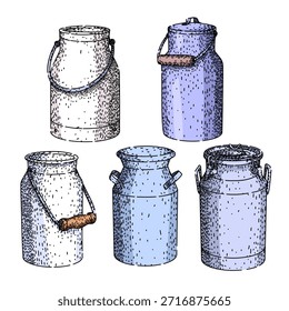 Set of assorted hand drawn milk churns showcasing traditional containers used for dairy farming and production, ideal for rustic and agricultural themes