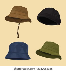 Set Of Assorted Hats. Hat Mockup. Jungle Hat, Adventurer's Hat, Beanie. Vector Illustration