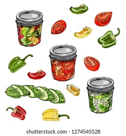 Set of assorted homework of vegetables. Red, green and yellow tomatoes, cucumber and  peppers  isolated on white background.Sliced elements in jars. Vector illustration.