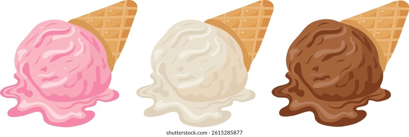 set of assorted ice cream scoops in a waffle cup with different flavors and colors, for a variety of summer designs