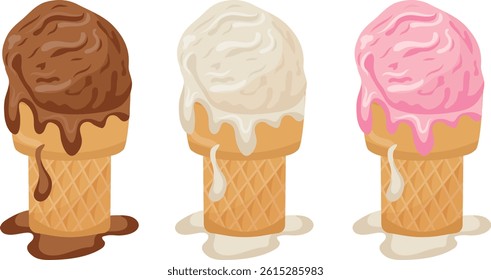 set of assorted ice creams of different flavors and colors in square waffle cups, for various summer designs