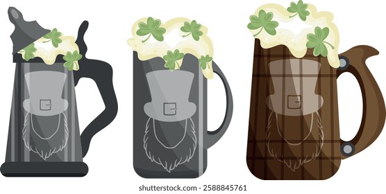 set of assorted mugs in various materials with leprechaun beer and shamrock print for a variety of designs for St. Patrick's Day