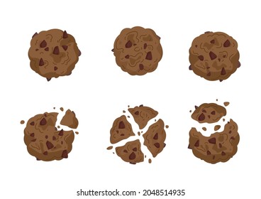 A set of assorted oatmeal chocolate chip cookies with dark chocolate pieces. Vector illustration of a bakery and cooking symbol. Cartoon cookies and biscuits isolated on white background