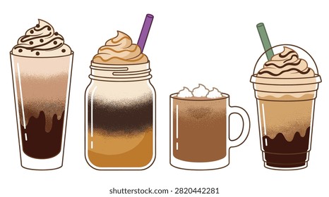 Set of assorted pixel art coffee drinks with whipped cream and straws
