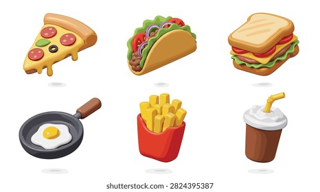 Set of assorted pixel art fast food icons featuring pizza taco sandwich fried egg and soda
