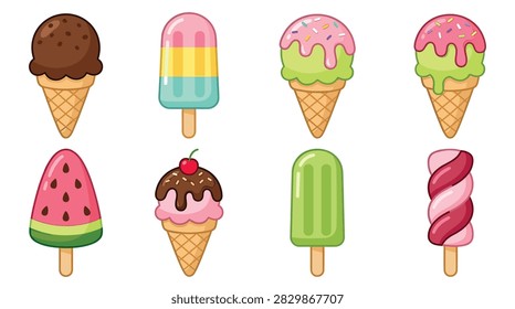 Set of assorted pixel art ice cream cones and popsicles for summer menu and gaming assets