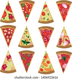 Set assorted pizza. Vegetarian, meat, mushroom pizza. Design for menu, cafe, recipes, restaurants, fast food, food court.
