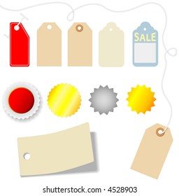 Set of assorted price tags and stickers on white.