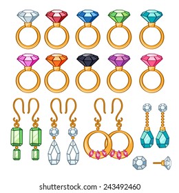 Set of assorted rings and earrings. Colorful gemstones. Cartoon style.