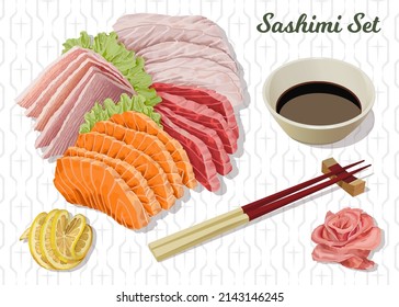 Set of assorted sashimi, chopsticks, soy sauce, pink ginger and lemon. Isolated vector illustration.