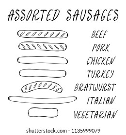 Set of Assorted Sausages For Fast Food, Restaurant or Bar Menu. Hand Drawn High Quality Clean Vector Realistic Illustration. Doodle Style.