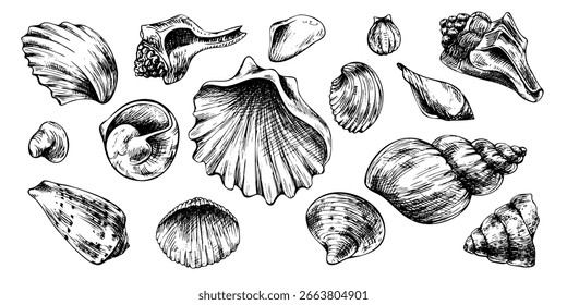 Set of assorted seashells in monochrome ink style, hand drawn line art illustration, ideal for marine themed design elements, crafts, scrapbooking, and nautical decorative projects.