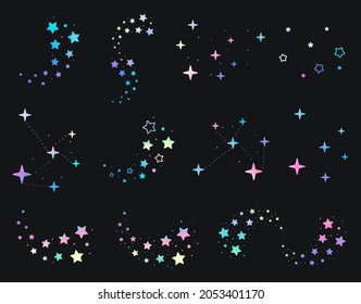Set of assorted sparkling stars and multicolored constellations on black background