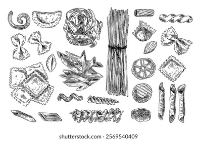 Set of assorted types of Italian pasta. Spaghetti, cannelloni, farfalle, tagliatelle, etc.