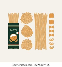 Set of assorted types of pasta. Textured vector illustration