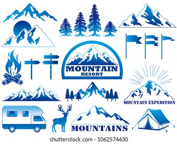 Set of assorted vector graphic elements and icons regarding mountain resort and outdoor activities. 