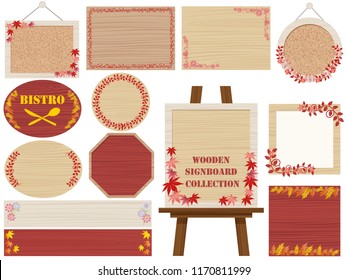 Set of assorted wooden signboards and frames decorated with autumn plants and flowers, vector illustration.