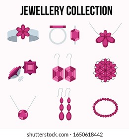 Set with assortment of jewelry, bijouterie, fashion shops, wedding salons.