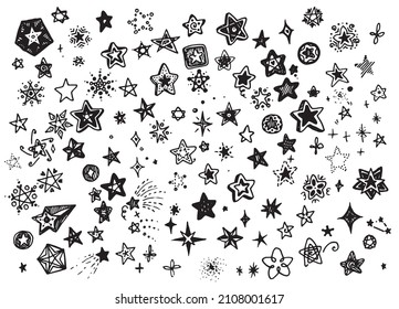 Set The Asterisk Icon. Hand-drawn In Doodle Style Collection Of Various Stars And Highlights With Different Textures, Isolated Black Outline On White For A Design Template. Retro Sketch Icon With 