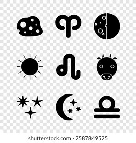 Set Asteroid, Aries zodiac, Eclipse of the sun, Falling star, Moon and stars, Libra, Sun and Leo icon. Vector