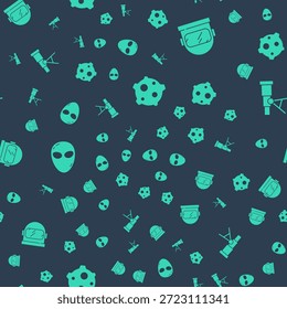 Conjunto de asteroide, casco de astronauta, alienígena y telescopio en patrón transparente. Vector