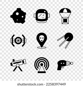 Fijar asteroide, casco astronauta, paracaídas volador de caja, telescopio, radar, pistola Ray, nave cósmica e icono de Alien. Vector