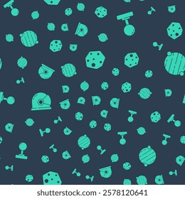 Set Asteroid, Joystick, Astronaut helmet and Planet on seamless pattern. Vector