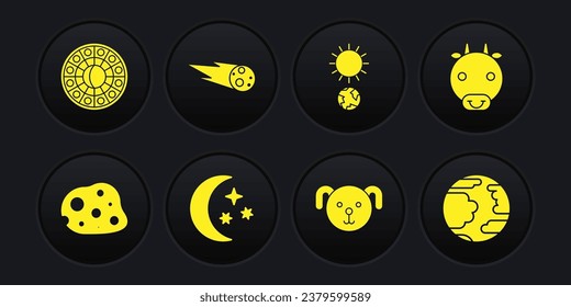 Set Asteroid, Ox zodiac, Moon and stars, Dog, Solstice, Comet falling down fast, Planet Mercury and Astrology horoscope circle icon. Vector