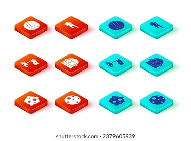 Set Asteroid, Planet Mars, Moon with flag, Astronaut helmet, Falling star and  icon. Vector