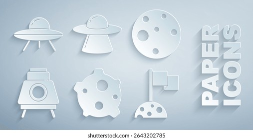 Set Asteroid, Planet Mars, rover, Moon with flag, UFO flying spaceship and  icon. Vector