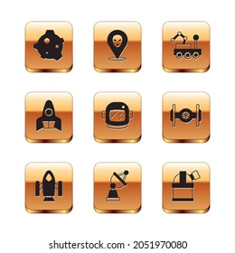 Set Asteroid, Rocket ship, Satellite dish, Astronaut helmet, Mars rover, Astronomical observatory and Alien icon. Vector