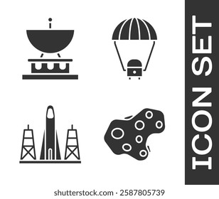 Set Asteroid, Satellite dish, Rocket launch from the spaceport and Space capsule and parachute icon. Vector