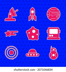 Set Asteroid, UFO flying spaceship, Robot, Astronaut helmet, Solar system, Falling star, Planet and Satellite dish icon. Vector
