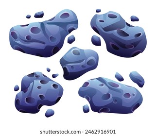 Set of asteroids or meteorites. Vector cartoon illustration isolated on white background