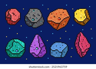 Conjunto de Ilustración vectorial de asteroides en estilo de píxeles