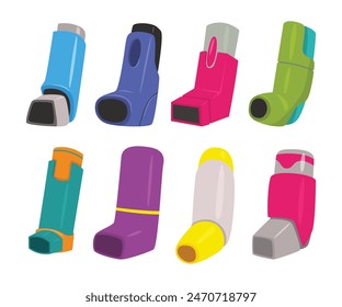 Set of asthma inhaler set collection, aerosol for asthma patient and shortness of breath in the treatment and prevention, medicine pharmaceutical, isolated on white background flat vector illustration