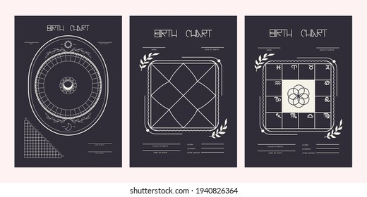 Set of astroblank on a dark background. Scheme for building a natal chart. Vector illustration.