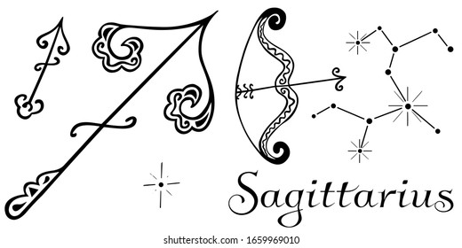 Set of astrological figures from the symbols of the zodiac sign Sagittarius. Black and white clipart in indian style. Ornamental bow with arrow, inscription, emblems and constellation. Vector.