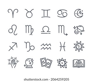 Set of Astrological Icons. Minimalistic stickers with various zodiac signs, tarot cards and magical attributes. Predicting future by stars. Cartoon flat vector collection isolated on white background