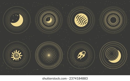 Set of astrological mystical esoteric symbols of the moon, sun, stars in boho style on a dark background. Print, design elements. Vector