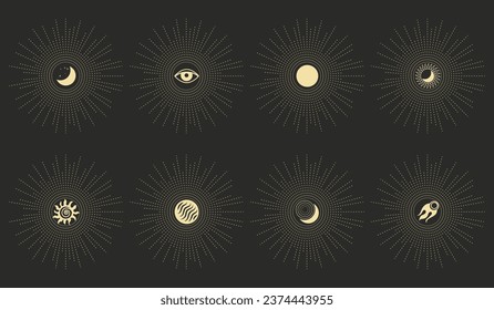 Set of astrological mystical esoteric symbols of the moon, sun, stars in boho style on a dark background. Print, design elements. Vector