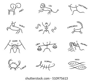 Set astrological sign of zodiacal constellations in the form of petroglyphs and cave paintings, drawings on the rocks, isolated object