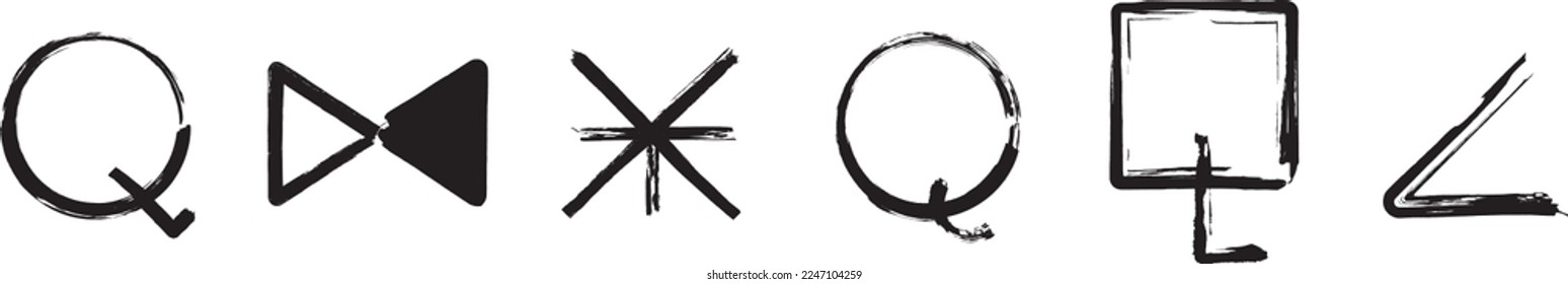 Set of the Astrological symbols: Quindeciles, Noviles, Septiles, Quintiles, Sesqui Quadrates, Semi-Squares. Black ink handwriting. Vector