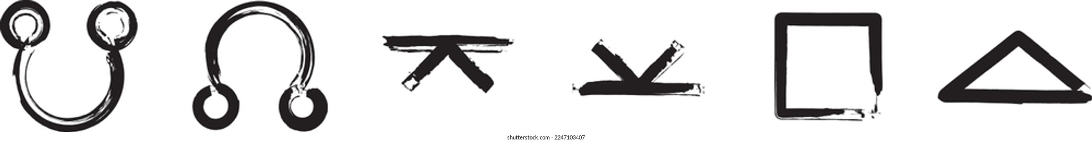 Set of the Astrological symbols: South Node, North Node, Inconjunctions, Semi-Sextiles, Squares, Trines. Black ink handwriting. Vector