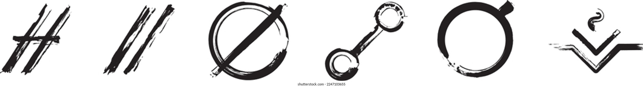 Set of the Astrological symbols: Transpluto, Vesta, Oppositions, Conjuction, Contra-Parallels, Parallels. Black ink handwriting. Vector