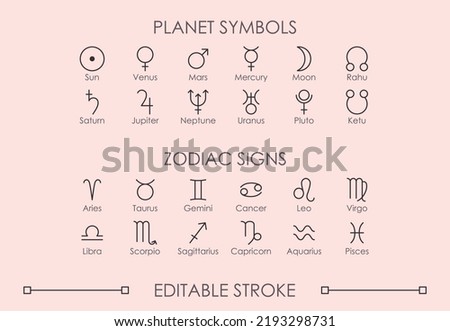 Set of Astrological symbols and Zodiac signs vector thin line icons with editable stroke. Planet symbols: Sun, Venus, Mars, Mercury,  Moon, Jupiter, Saturn, Neptune,  Uranus, Pluto, Rahu, Ketu.